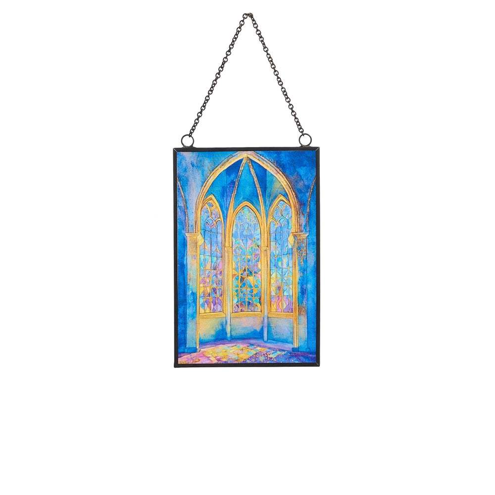 framed Stained Glass Window Ornament with blue hues and domed window