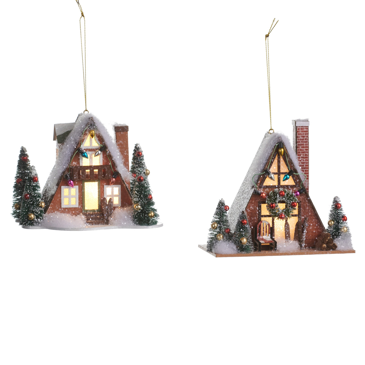 2 Ski Lodge Lighted Ornaments on a white background
