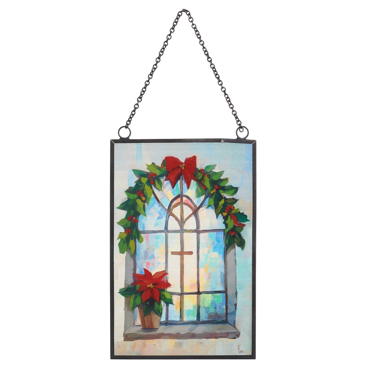 framed Stained Glass Poinsettia Ornament with a simple chain hanging loop shown on a white background