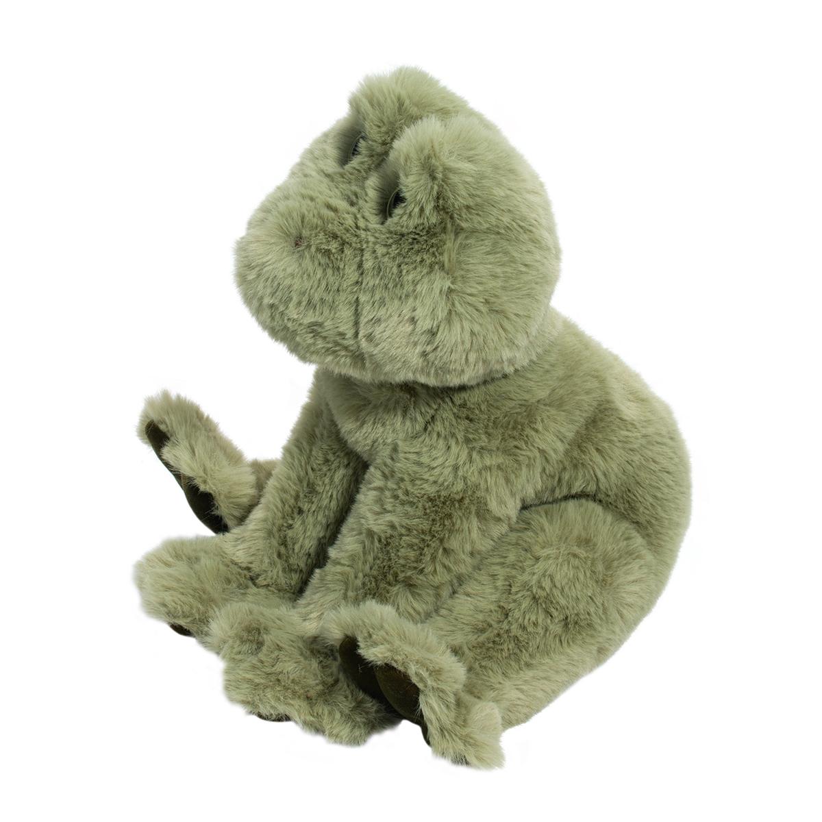 angled side view of Finnie Frog plush toy