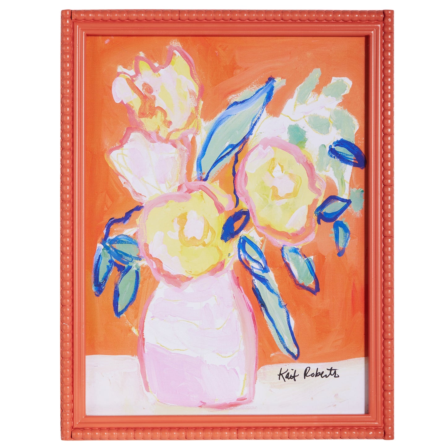 tangerine colored frame orange, blue, pink, and yellow colored vase art