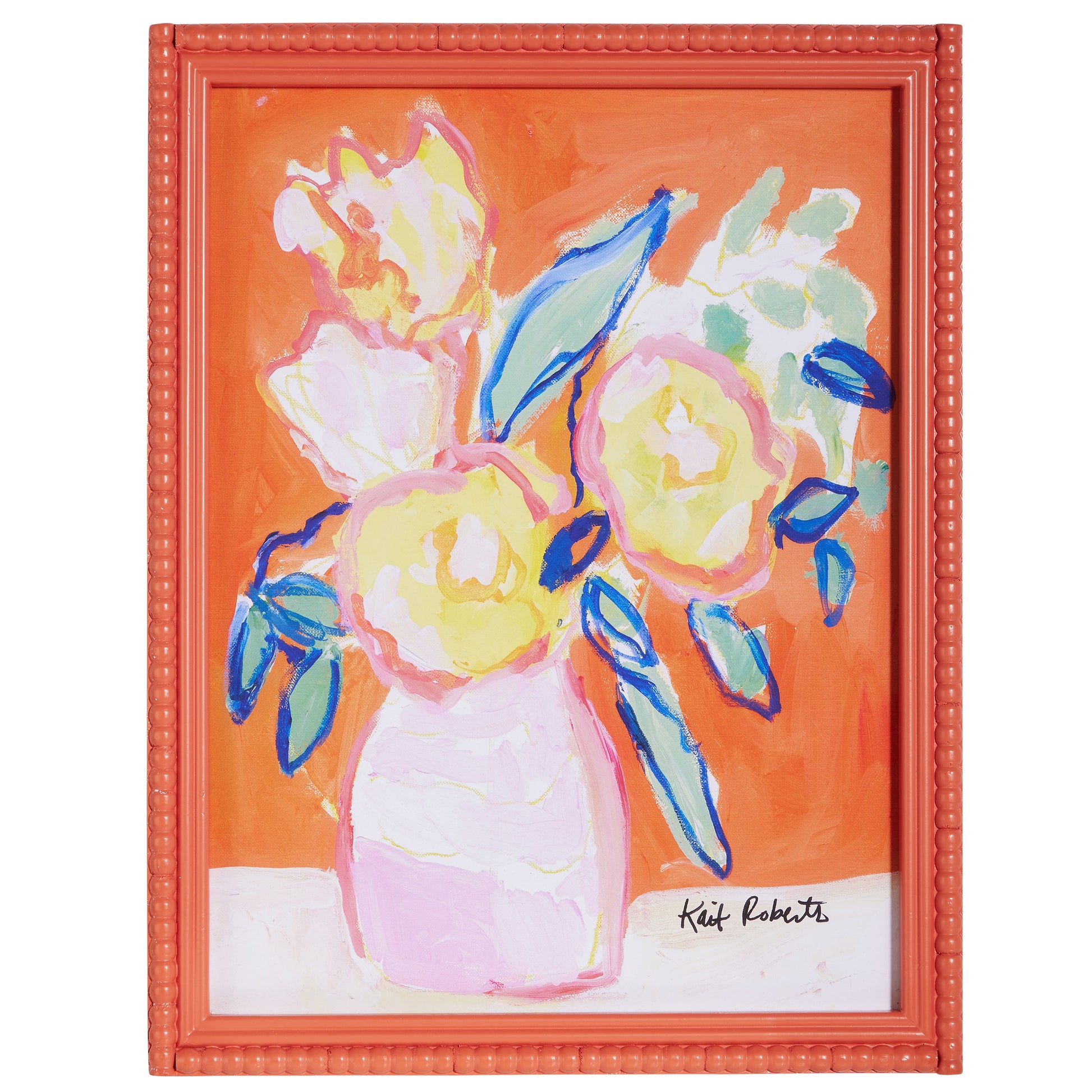 tangerine colored frame orange, blue, pink, and yellow colored vase art