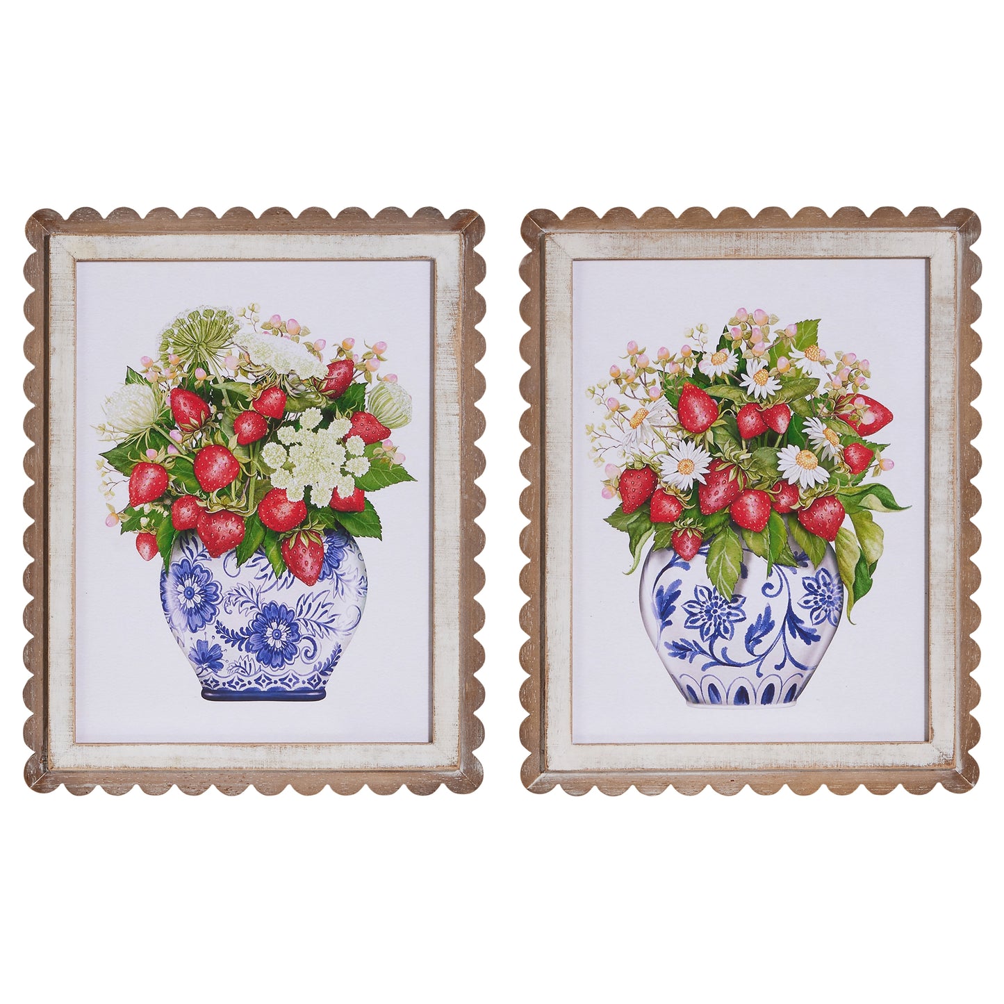 2 framed art pieces with blue and white vases fulled with flowers and red strawberries