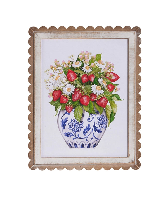 scalloped framed art with print of strawberries and white florals in white vase with white flowers and vine design