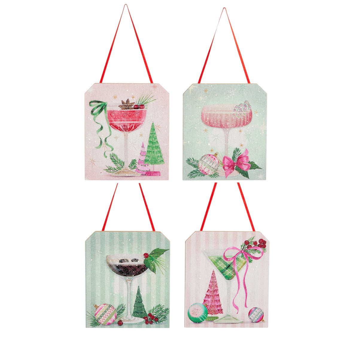 4 Holiday Happy Hour Tag Ornaments on a white background