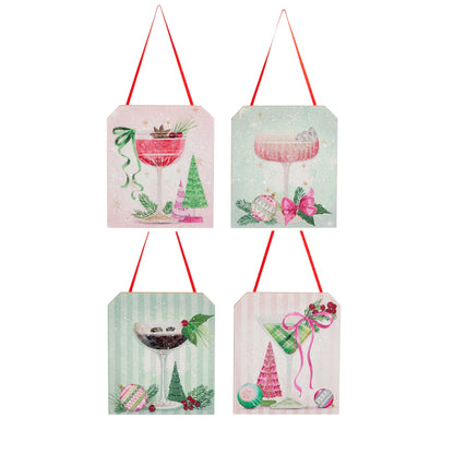4 Holiday Happy Hour Tag Ornaments on a white background
