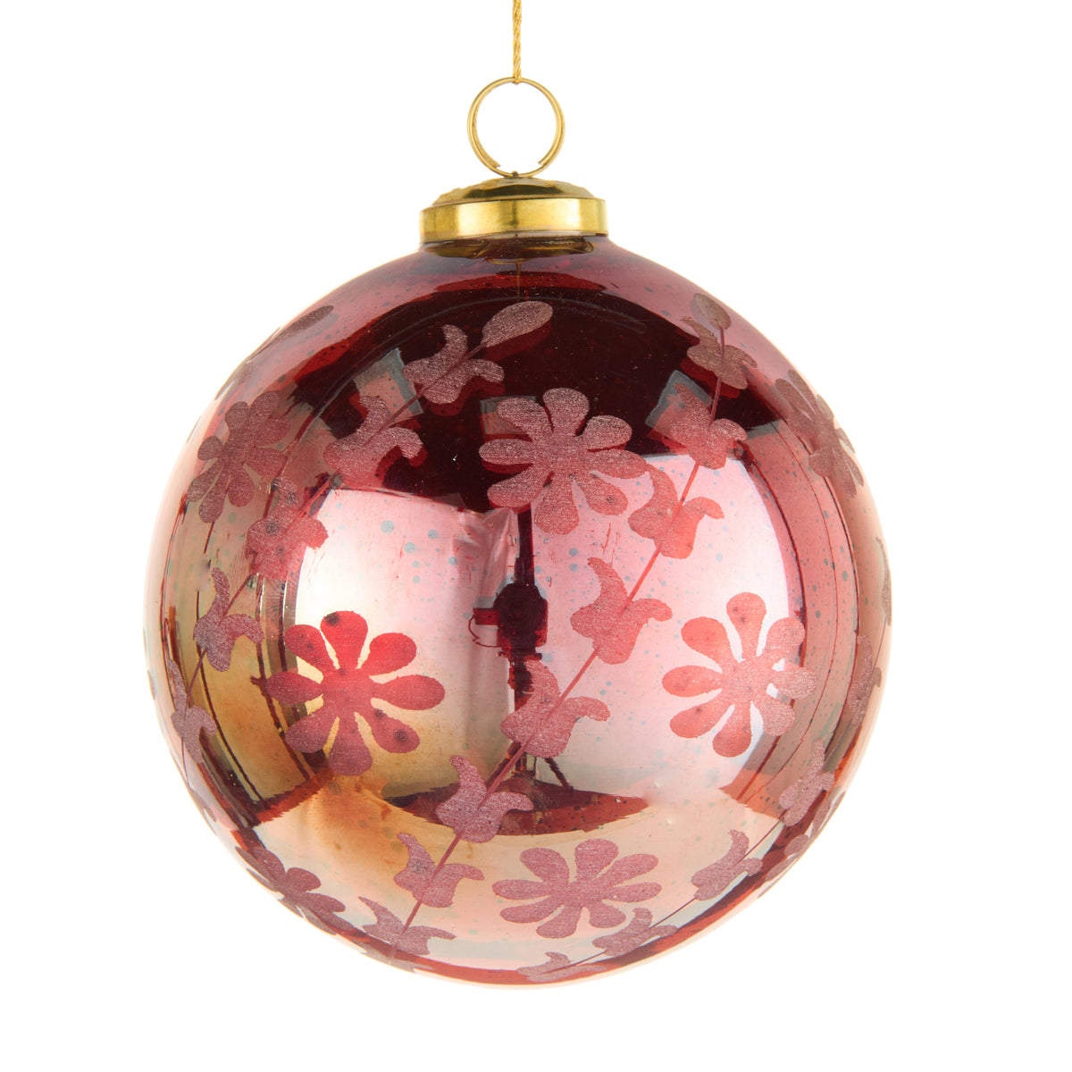Red Floral Etched glass Ball Ornament on a white background