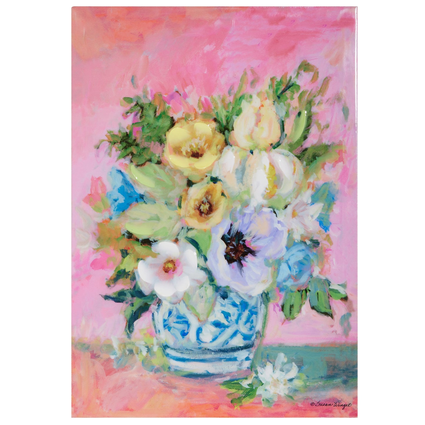 artwork featuring blue and white vase of flowers set on a pink background