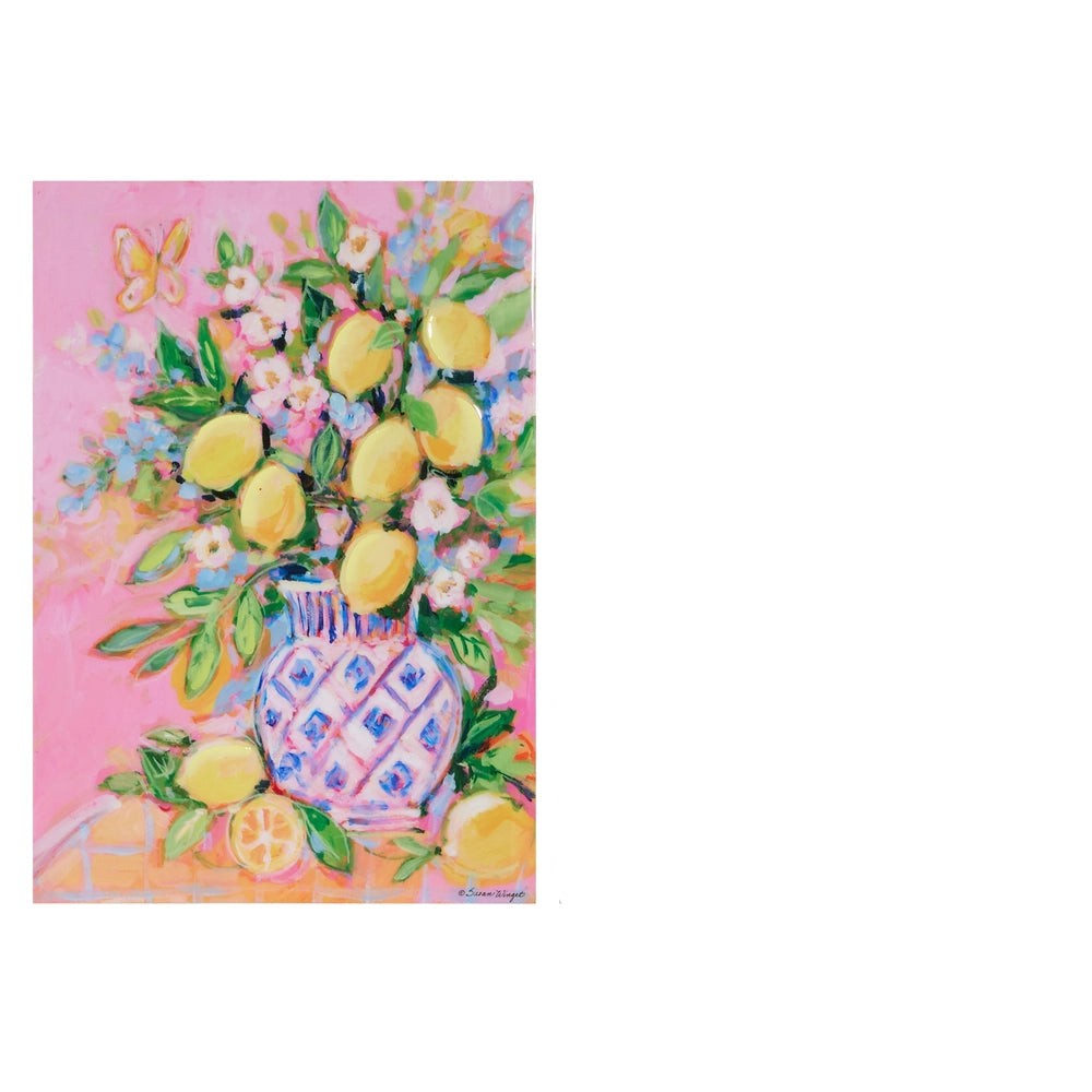 artwork with image of lemon and floral arrangement in blue and white vase on a pink background
