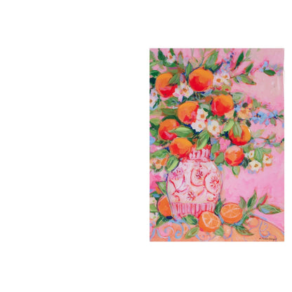 artwork with image of orange and floral arrangement in pink and white vase on a pink background