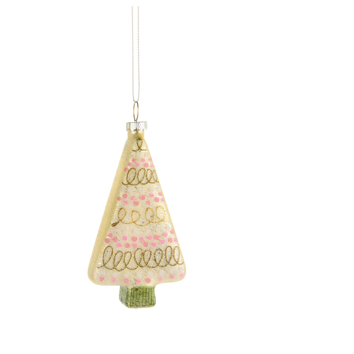 cream tree shaped glass ornament with pink decorations