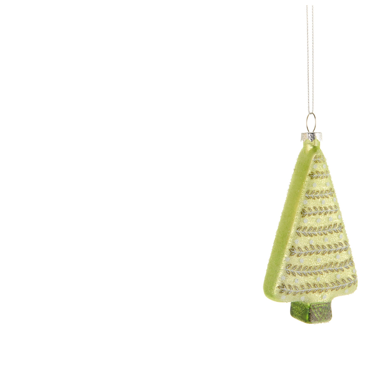 light green tree shaped glass ornament with dark green decorations