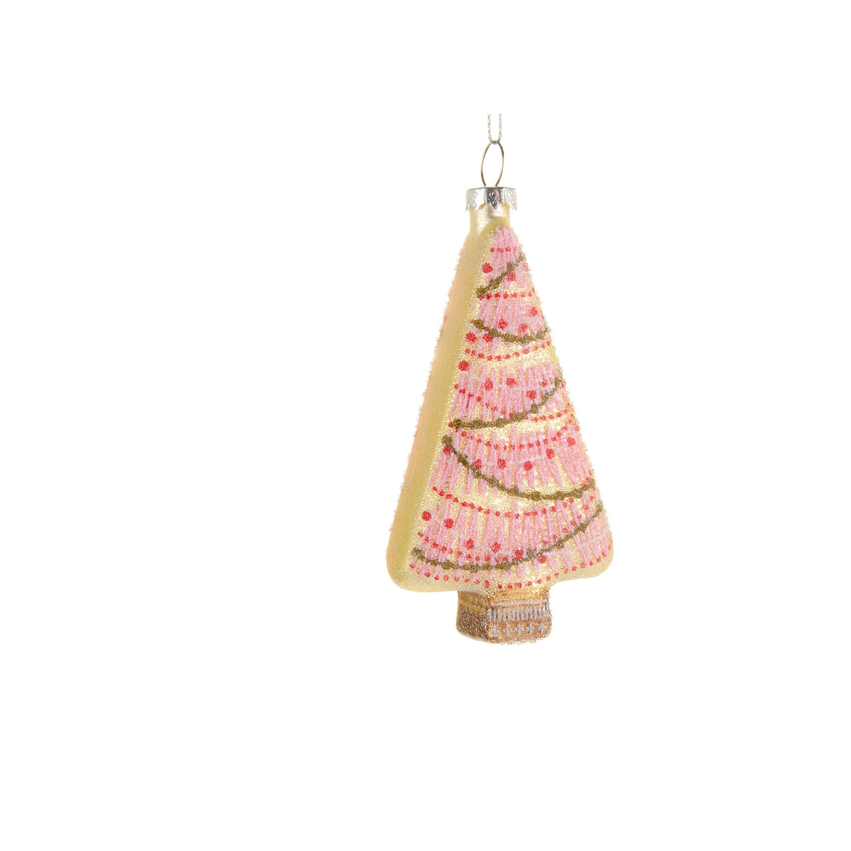 pink tree shaped glass ornament with green and red decorations