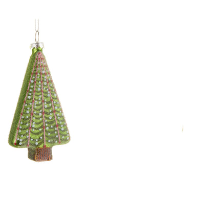 green tree shaped glass ornament with pink decorations