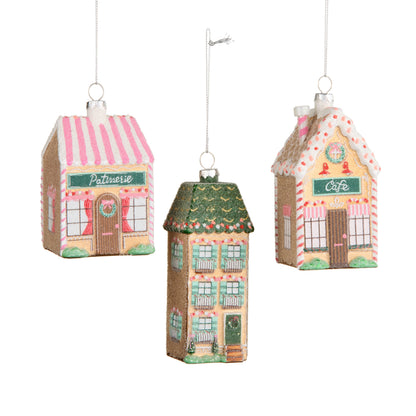 3 assorted Sweets House Ornaments on a white background