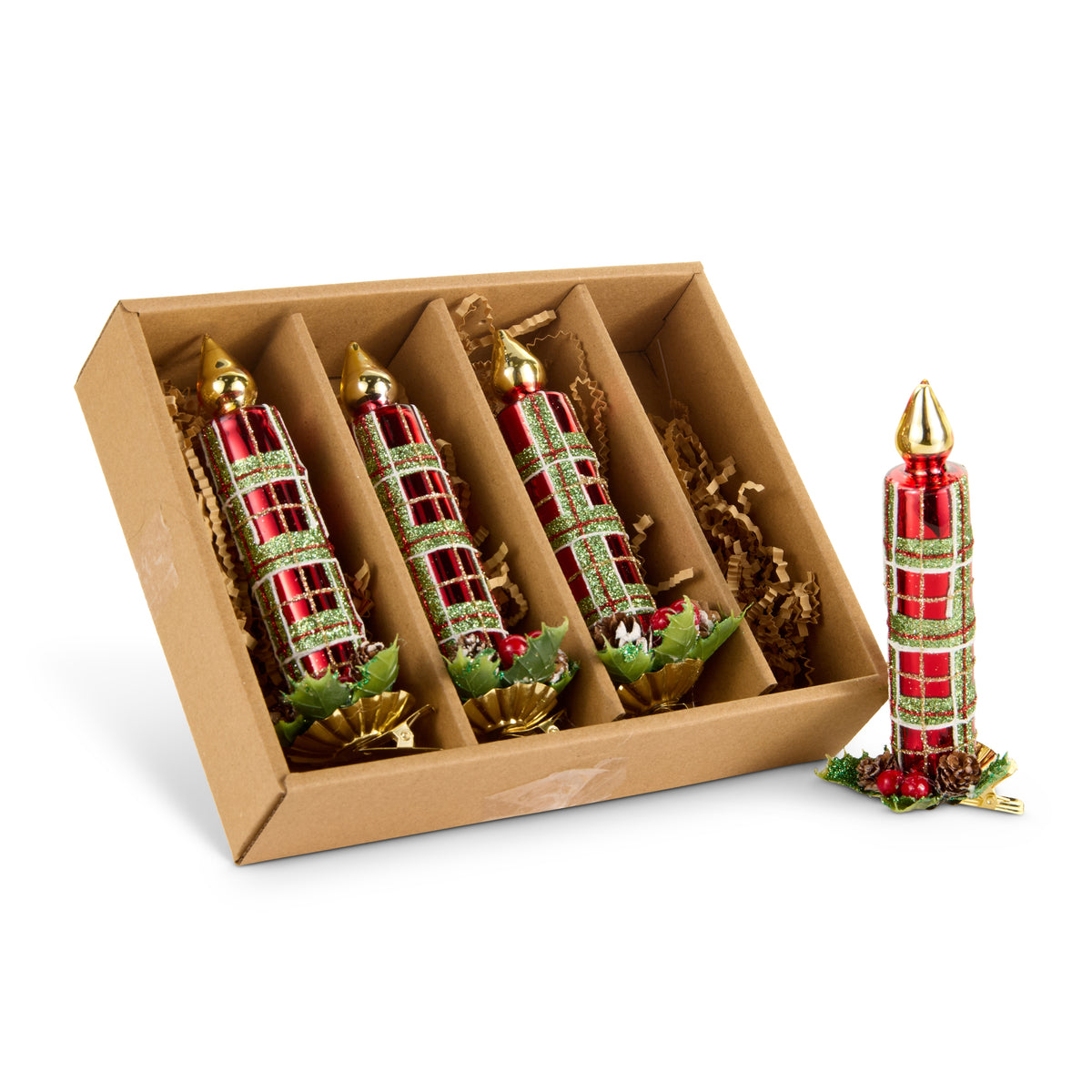 Box of Plaid Clip-On Candle Ornaments with one of 4 out of the box