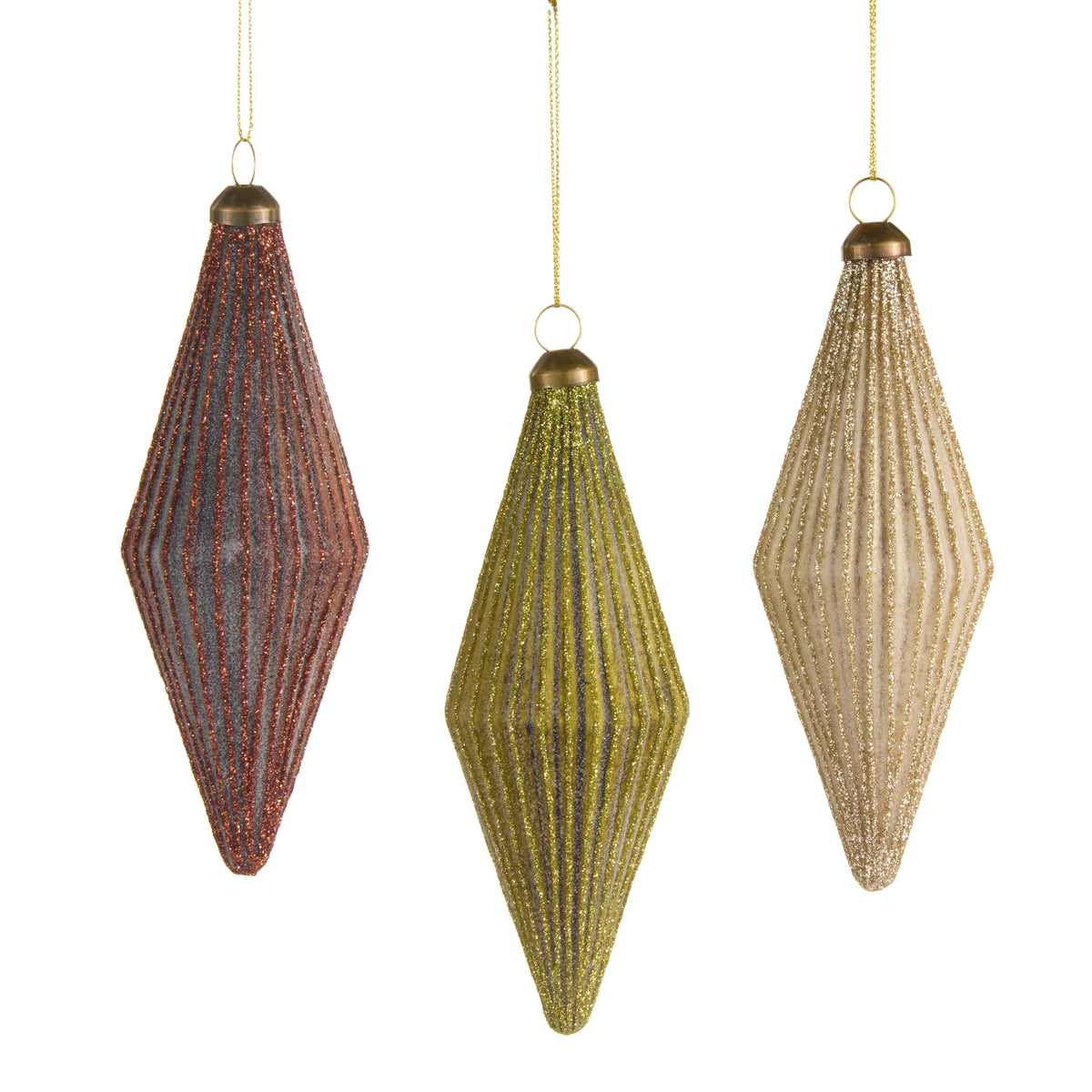 3 Ribbed Finial Ornaments in a row on a white background