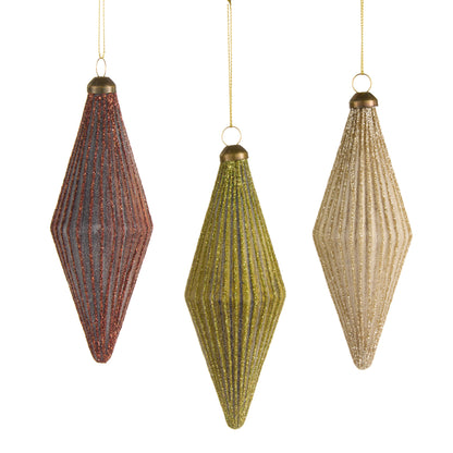 3 Ribbed Finial Ornaments in a row on a white background