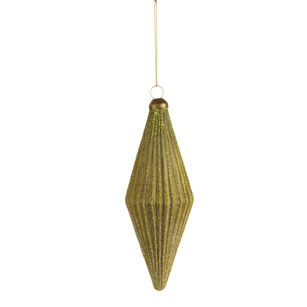 green diamond-shaped Christmas ornament with glittered details on a white background