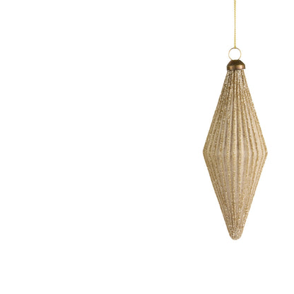 cream diamond-shaped Christmas ornament with glittered details on a white background