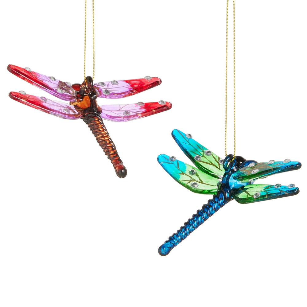 a green and blue dragonfly next to a pink and red dragonfly on a white background