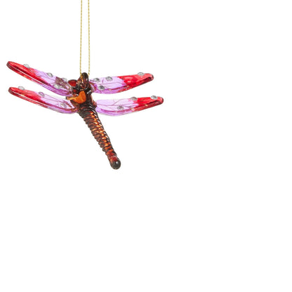 glass dragonfly ornament with pink and red wings with crystal accents