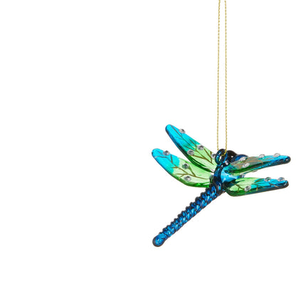glass dragonfly ornament with blue and green wings with crystal accents