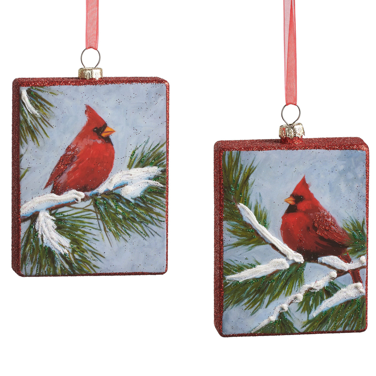2 Cardinal on Pine branch Ornaments on a white background