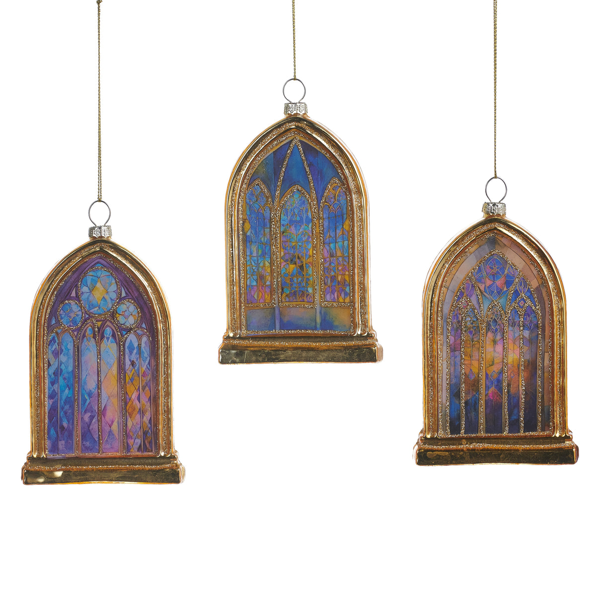three arched Stained Glass Window Ornaments against a white background