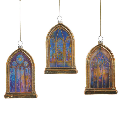 three arched Stained Glass Window Ornaments against a white background
