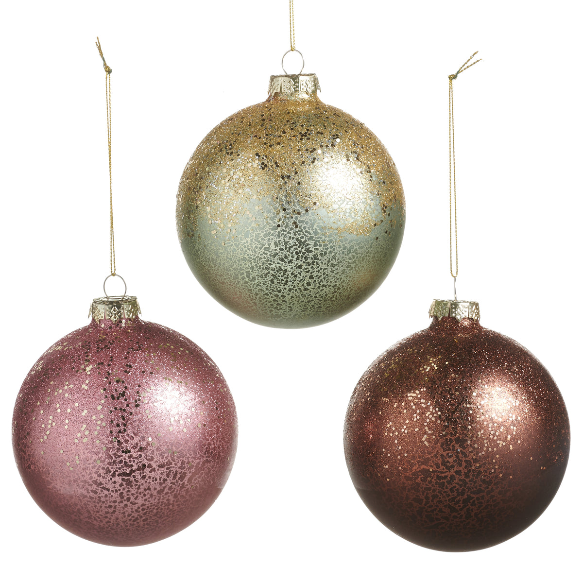 3 Antiqued Ball Ornaments on a white background