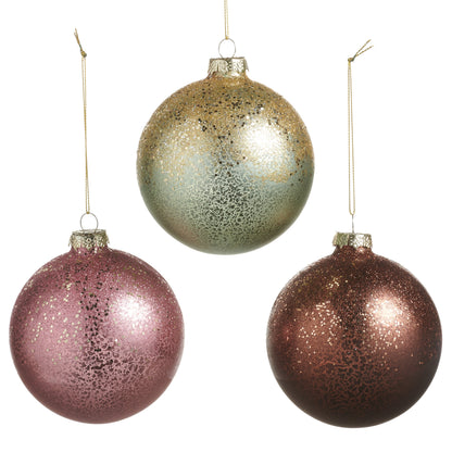 3 Antiqued Ball Ornaments on a white background
