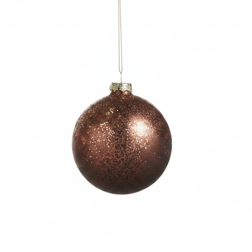 brown glittered ball ornament shown on a white background