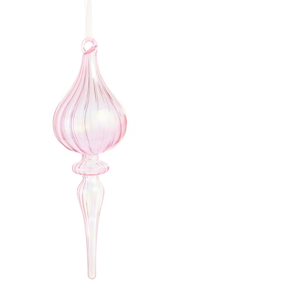 soft pink glass finial ornament with with one large bubble and long pointed tip