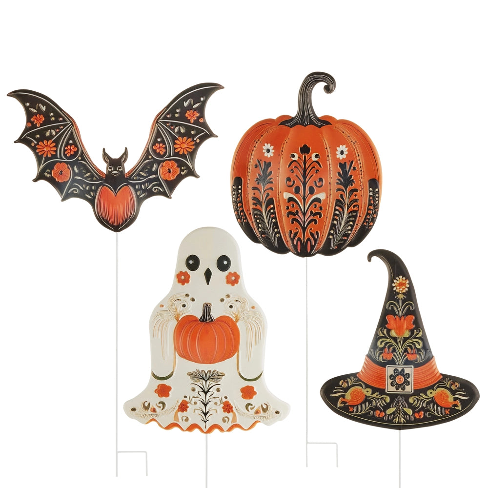 4 assorted halloween garden signs in black, orange, and off-white with floral designs