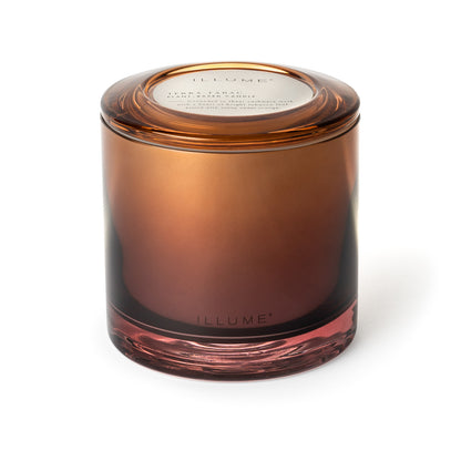 Terra Tabac Statement Glass Candle with the lid it on a white background