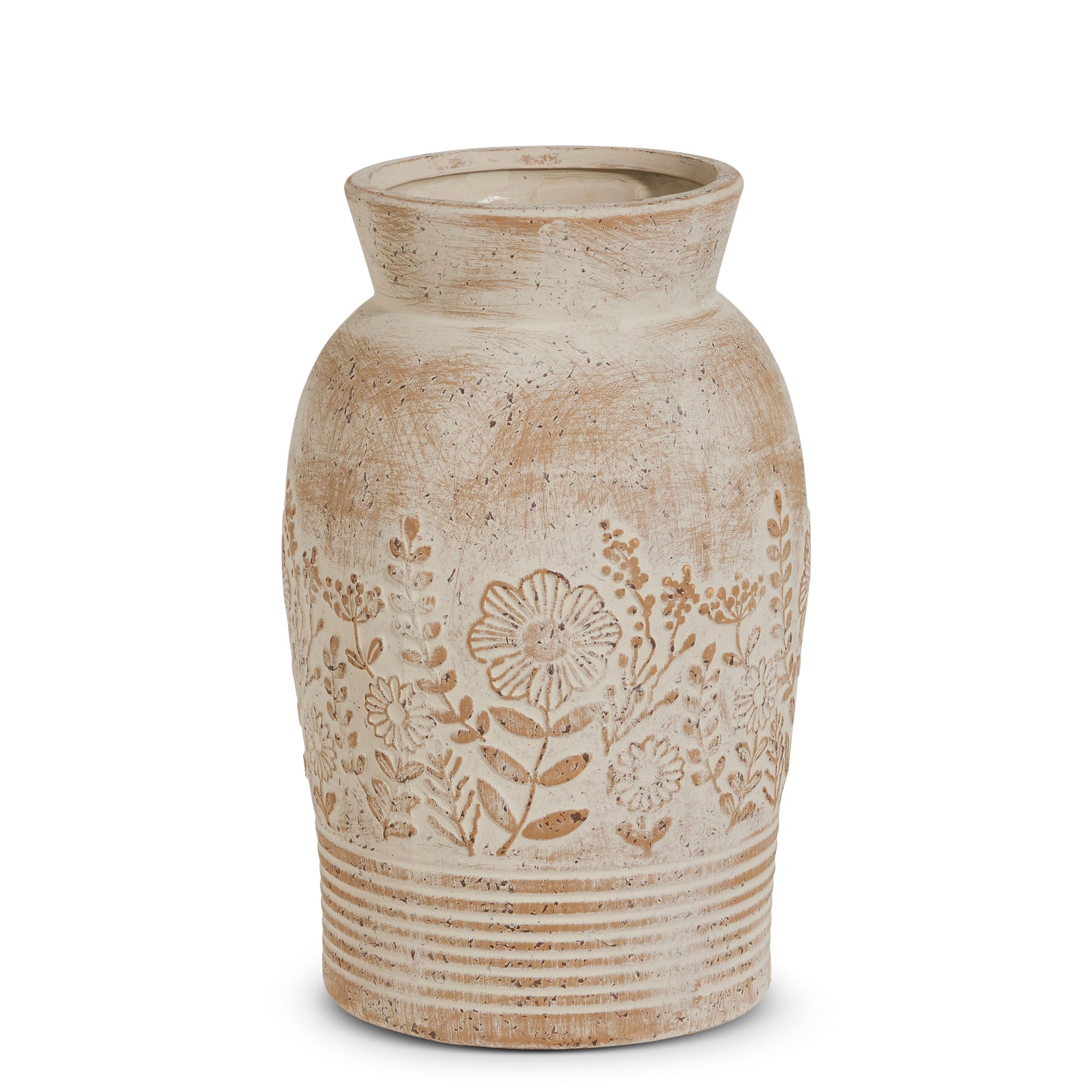 terracotta white washed vase with embossed flowers on it