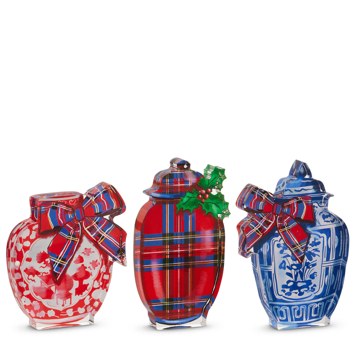 three chinoiserie blocks with plaid accents on a white background