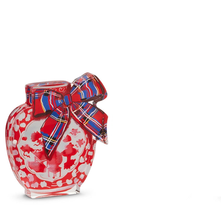acrylic black with the design and shape of a red and white patterned ginger jar with a red and blue plaid bow tied on it