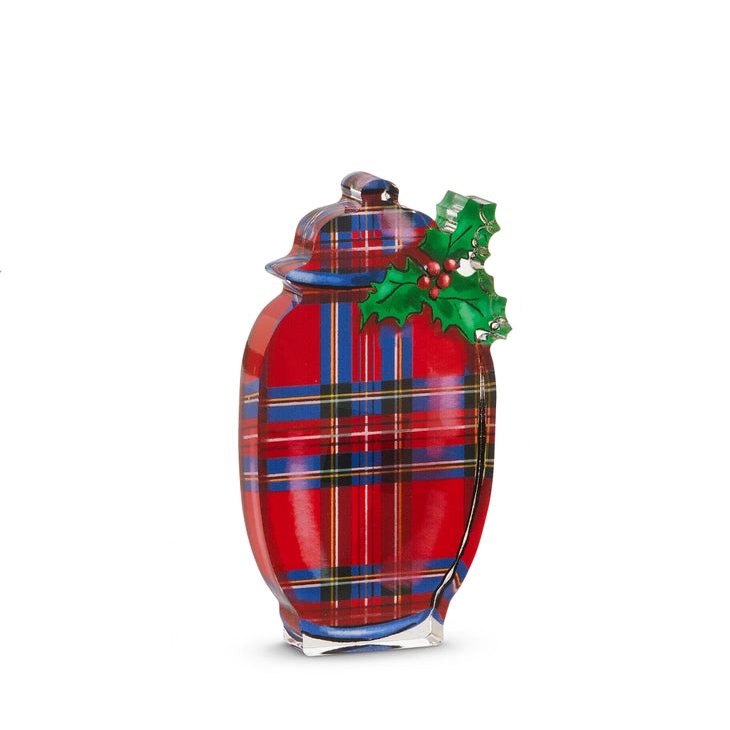 acrylic black with the design and shape of a tall red and blue plaid ginger jar with a holly sprig on it