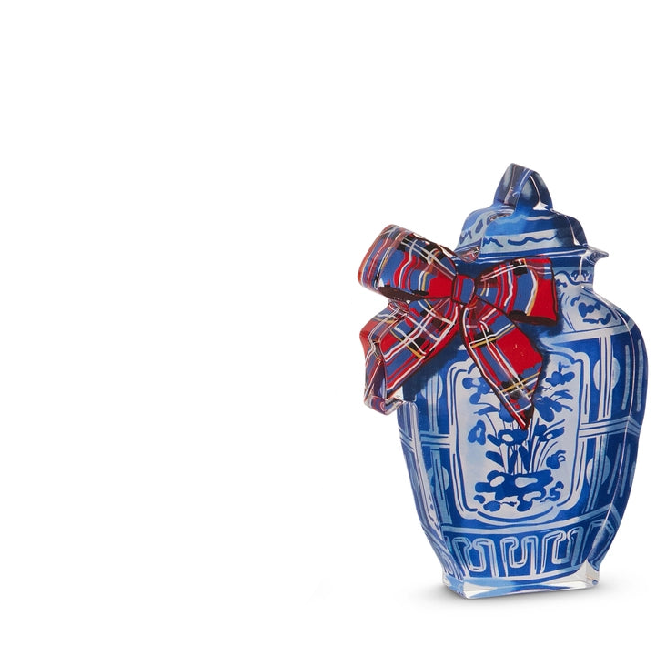 acrylic black with the design and shape of a blue and white ginger jar with a red and blue plaid bow tied on it