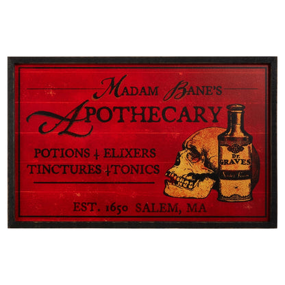 orange and black halloween apothecary sign for "Madam Bane's apothecary"