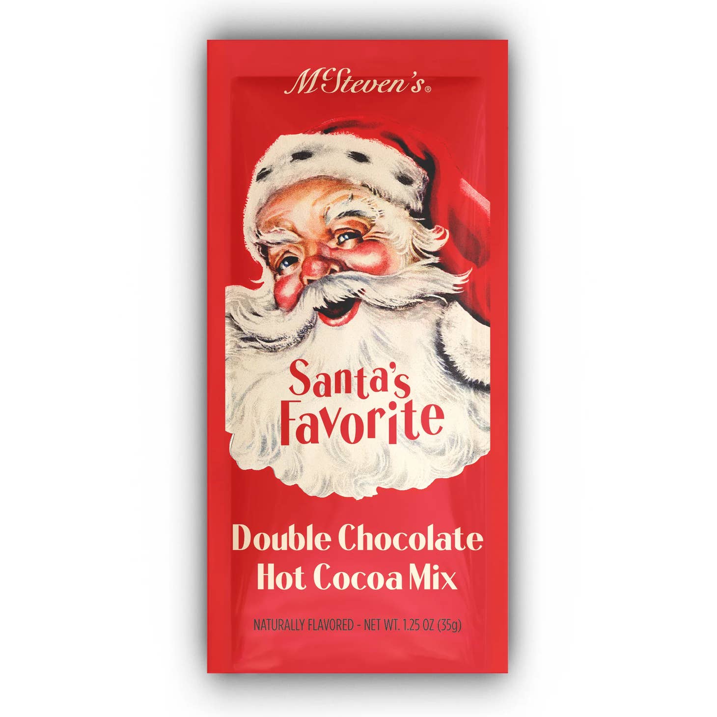 santa's favorite christmas cocoa packet with santa on the front on a white background