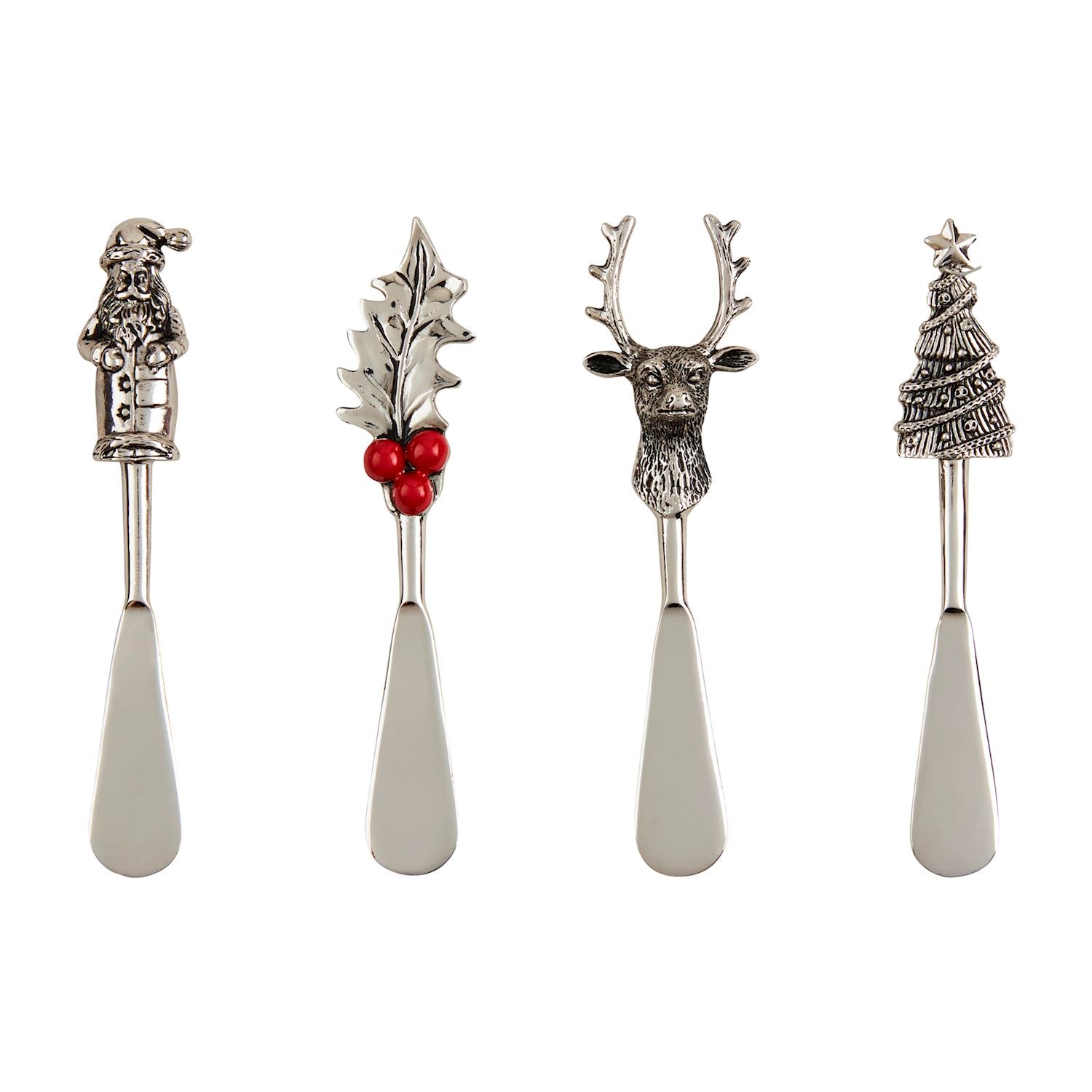 4 spreaders with assorted metal handles, one each of Santa, holly leaf, reindeer head, and a tree.