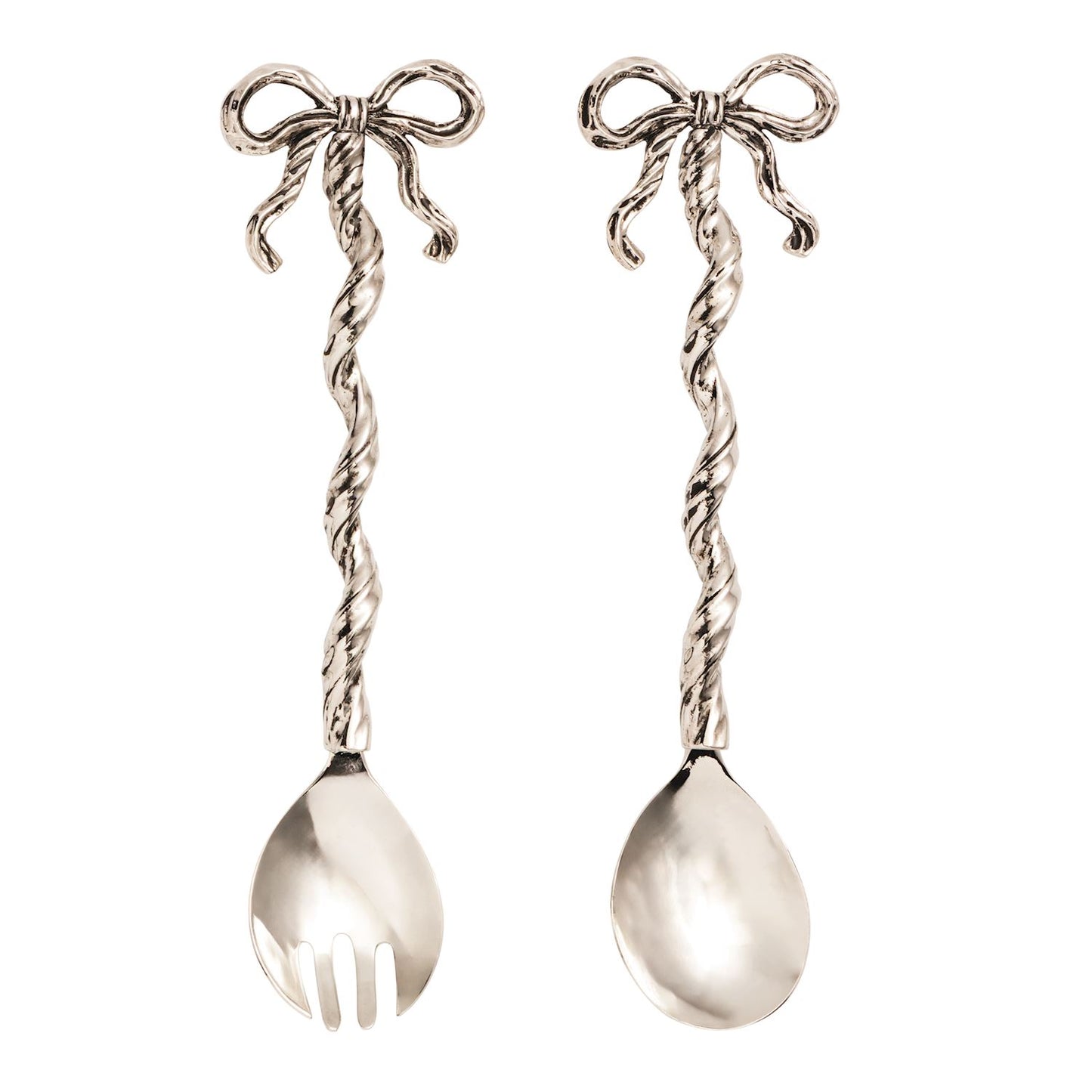 Two silver serving utensils with decorative bows on a white background