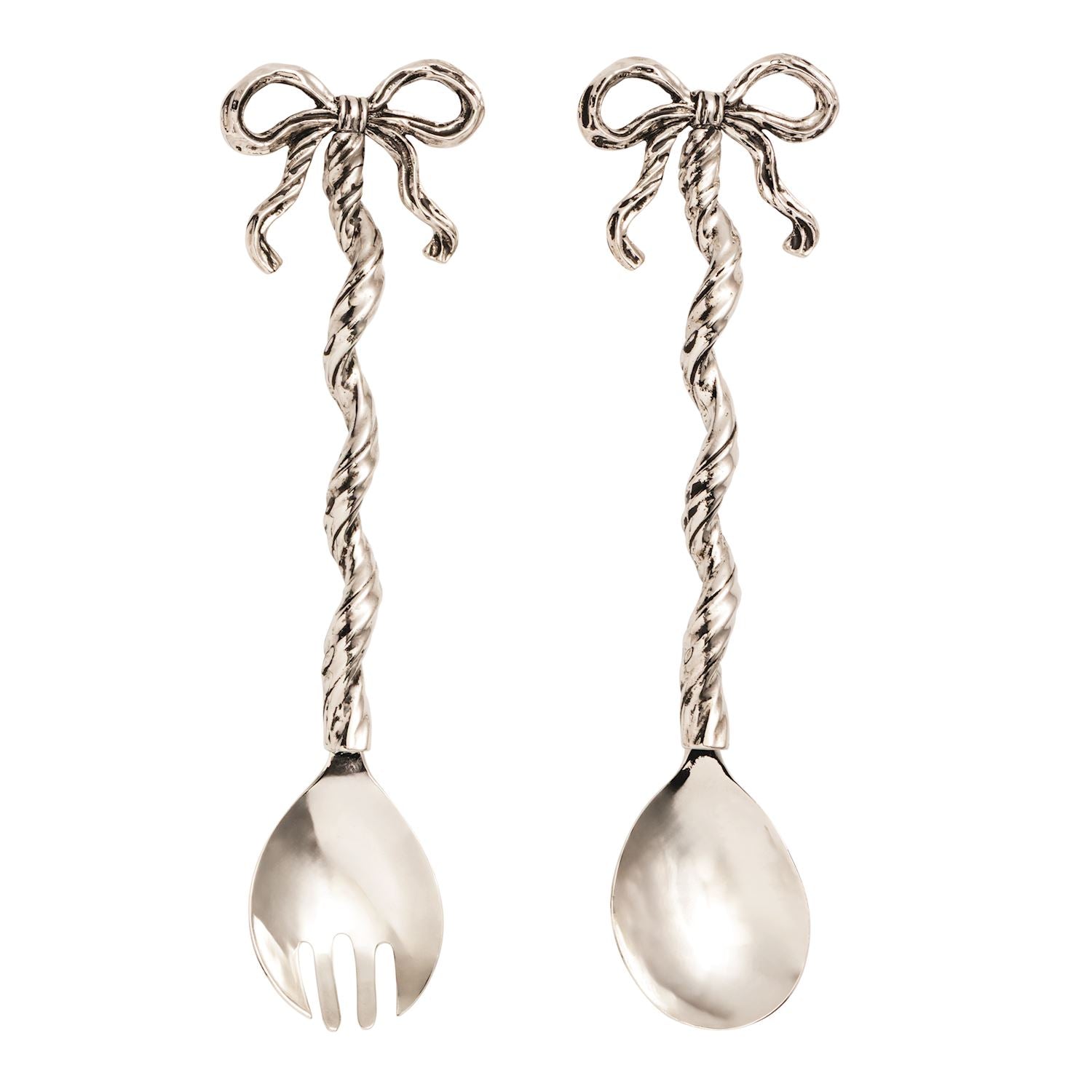 Two silver serving utensils with decorative bows on a white background