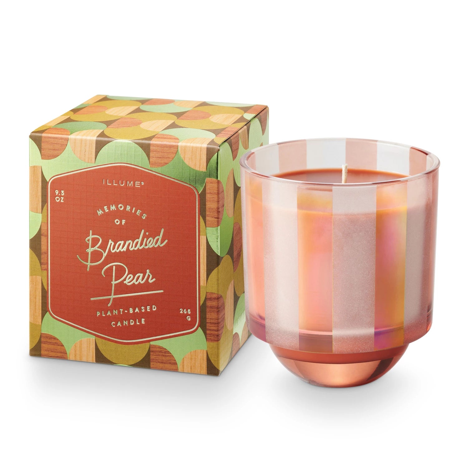 Brandied Pear Boxed Glass Candle set next to its box packaging