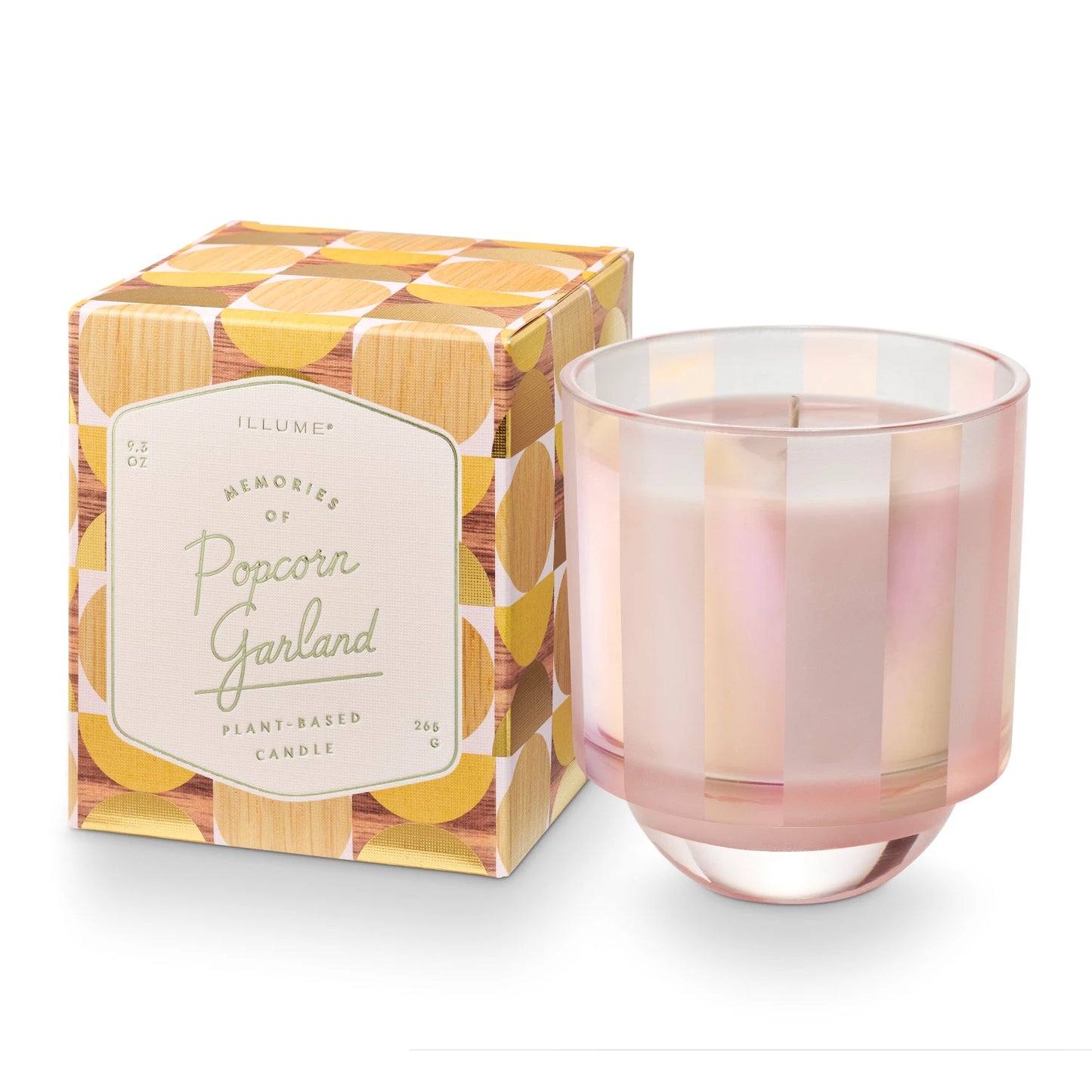 Popcorn Garland Boxed Glass Candle set next to its box packaging