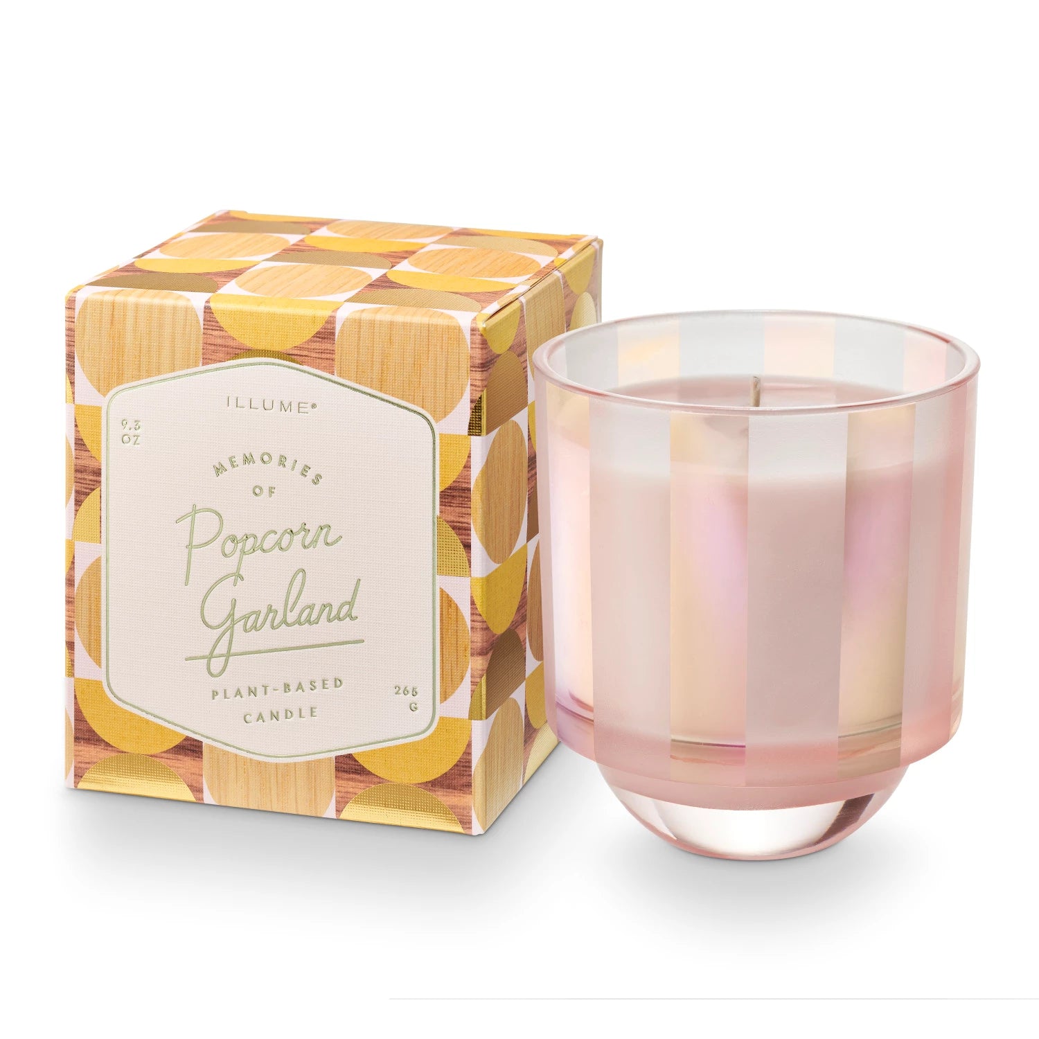 Popcorn Garland Boxed Glass Candle set next to its box packaging