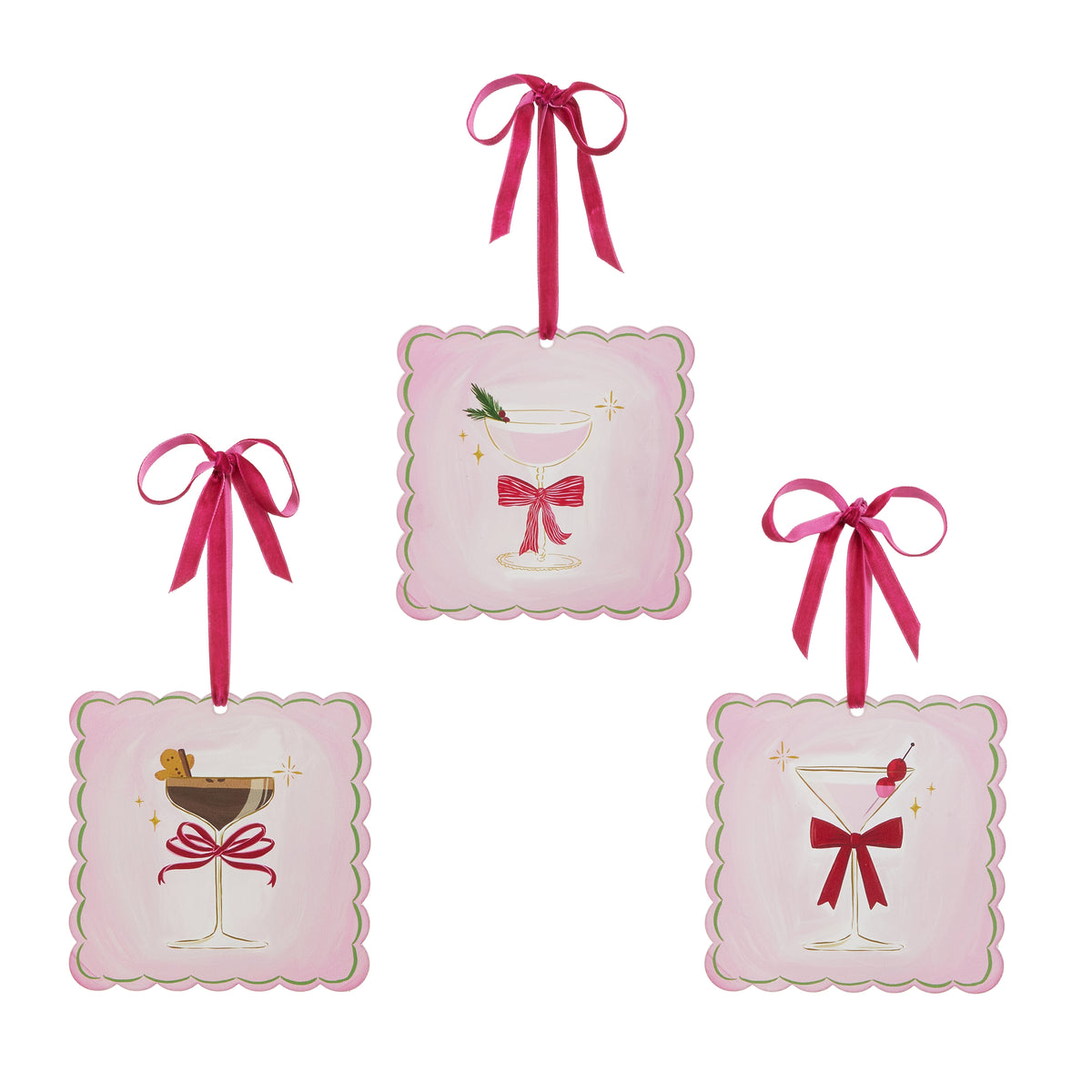 3 Everything Nice Cocktail Ornaments on a white background